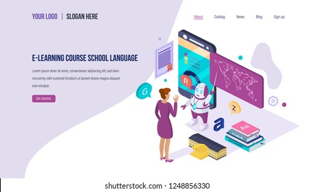 E-learning course school language. Online training with robot, learning with artificial intelligence, webinar, online course with assistant, interactive robot. Landing page template. Isometric vector.