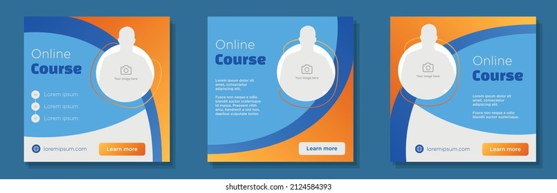 E-learning course social media post, square banner set, online webinar presentation advertisement concept, video call marketing ad, modern creative flyer, isolated on background.