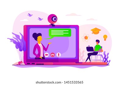 E-learning course. Virtual lecturer modern education technology. Online tutor, on-demand homework help, English teacher online concept. Vector isolated concept creative illustration