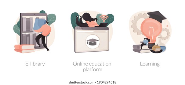 Elearning courses abstract concept vector illustration set. E-library, online education platform, learning, ebook reader, webcam conference at laptop screen, study skills abstract metaphor.