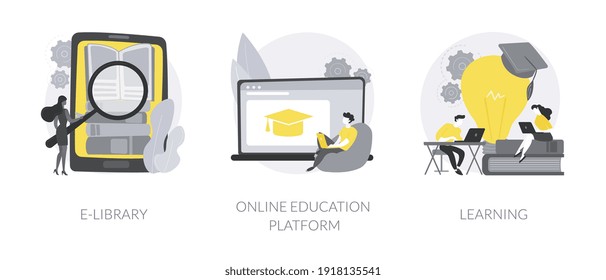 Elearning courses abstract concept vector illustration set. E-library, online education platform, learning, ebook reader, webcam conference at laptop screen, study skills abstract metaphor.