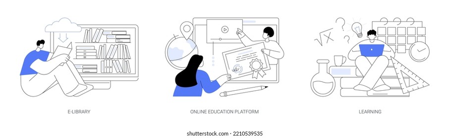 Elearning courses abstract concept vector illustration set. E-library, online education platform, learning, ebook reader, webcam conference at laptop screen, study skills abstract metaphor.