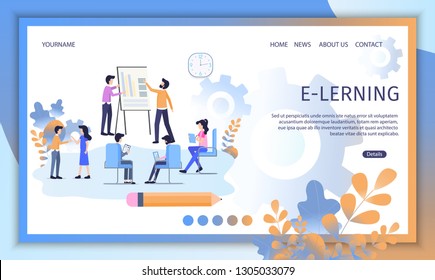 E-Learning Courses, Distant Education Service Flat Vector Web Banner. Businesspeople or Students Teaching Together, Doing Lessons in Virtual Class Illustration. Online University Landing Page Template