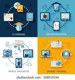 E-learning design concept set with online mobile eduation distant tutorial flat icons isolated vector illustration