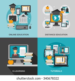 E-learning design concept set with online education flat icons isolated vector illustration