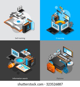 E-learning design concept set with self training and graduation isometric icons isolated vector illustration