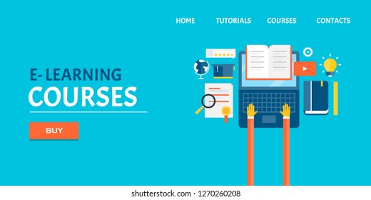 E-Learning, Digital courses, Online study, reading e-books, Watching Tutorials flat design vector banner template