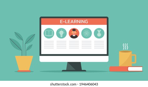 e-learning or digital education concept on computer, online course and distance learning, flat vector design illustration