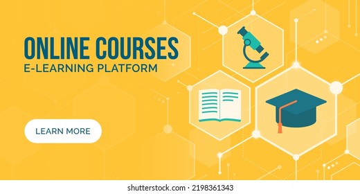 E-learning and digital education conceptual banner with copy space and icons