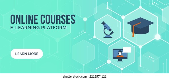 E-learning and digital education conceptual banner with copy space and icons