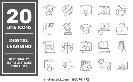 E-learning, digital learning. online education elements  thin line web icon set. Outline icons collection. Simple vector illustration. Editable Stroke. EPS 10
