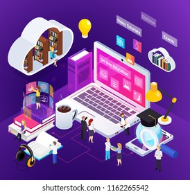 E-learning distance education bright glow isometric composition with studying home people degree virtual environment vector illustration 