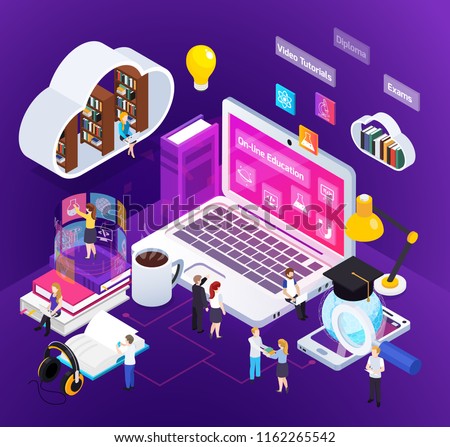 E-learning distance education bright glow isometric composition with studying home people degree virtual environment vector illustration 
