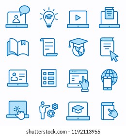 E-learning distance education flat line icons. Set of graduation cap, training, laptop, learn online, webinar and more. Editable Strokes.