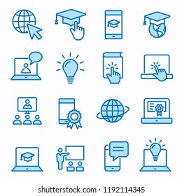 E-learning distance education flat line icons. Set of graduation cap, training, laptop, learn online, webinar symbols. Editable Strokes.