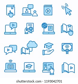 E-learning distance education flat line icons. Set of graduation cap, training, laptop, learn online, webinar symbols. Editable Strokes.