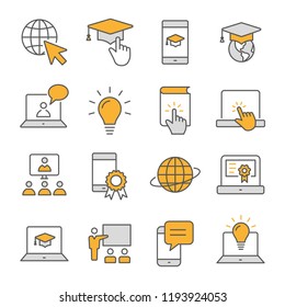 E-learning distance education flat line icons. Set of graduation cap, training, laptop, learn online, webinar and more. Editable Strokes.