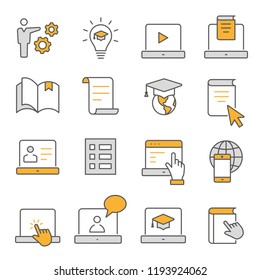 E-learning distance education flat line icons. Set of graduation cap, training, laptop, learn online, webinar and more. Editable Strokes.