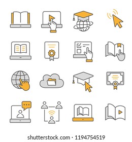 E-learning distance education flat line icons. Set of graduation cap, training, laptop, learn online, webinar and more. Editable Strokes.