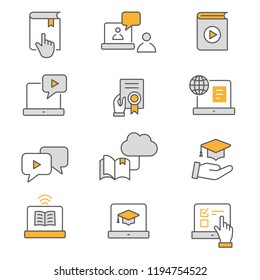 E-learning distance education flat line icons. Set of graduation cap, training, laptop, learn online, webinar and more. Editable Strokes.