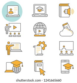 E-learning distance education flat line icons. Set of education, webinar, distance, student, training and more. Editable Stroke. Change to any size and any colour - part 4.