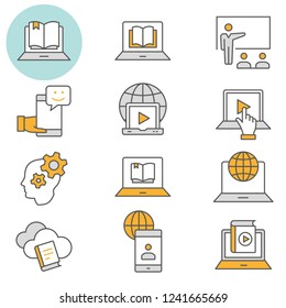 E-learning distance education flat line icons. Set of education, webinar, distance, student, training and more. Editable Stroke. Change to any size and any colour - part 7.