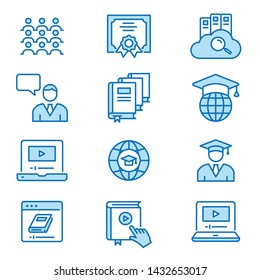 E-learning distance education flat line icons. Set of graduation cap, training, laptop, learn online, webinar symbols. Editable Strokes.