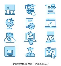 E-learning distance education flat line icons. Set of graduation cap, training, laptop, learn online, webinar symbols. Editable Strokes.