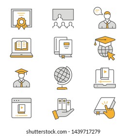 E-learning distance education flat line icons. Set of graduation cap, training, laptop, learn online, webinar and more. Editable Strokes.