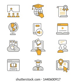 E-learning distance education flat line icons. Set of graduation cap, training, laptop, learn online, webinar and more. Editable Strokes.