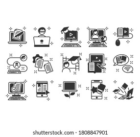 E-learning distance education flat line icons. Study, Learning, Knowledge, Chemistry, Globe, Classroom, Auditorium. Editable Stroke.