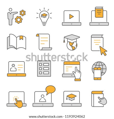 E-learning distance education flat line icons. Set of graduation cap, training, laptop, learn online, webinar and more. Editable Strokes.