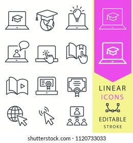 E-learning distance education icons. Set of graduation cap, training, laptop, learn online, webinar symbols. Thin line vector illustration, outline pictogram isolated on white. Editable stroke.