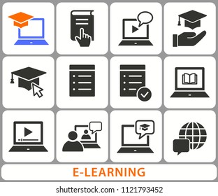 E-learning distance education icons. Set of graduation cap, training, laptop, learn online, webinar symbols. Black vector illustrations isolated on white. Simple pictograms for graphic and web design.