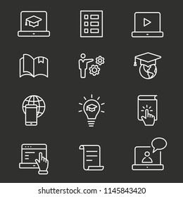 E-learning distance education icons. Set of graduation cap, training, laptop, learn online, webinar symbols.