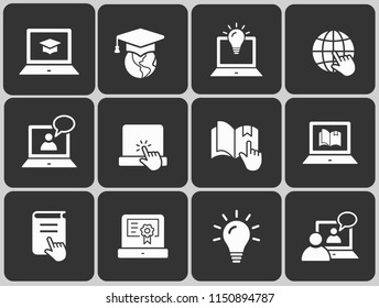 E-learning distance education icons. Set of graduation cap, training, laptop, learn online, webinar symbols.