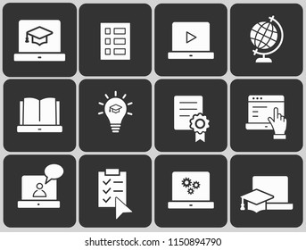 E-learning distance education icons. Set of graduation cap, training, laptop, learn online, webinar symbols.