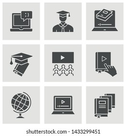 E-learning distance education icons. Set of graduation cap, training, laptop, learn online, webinar symbols.