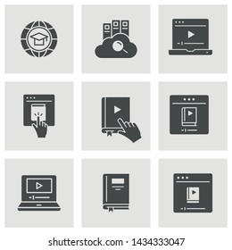 E-learning distance education icons. Set of graduation cap, training, laptop, learn online, webinar symbols.