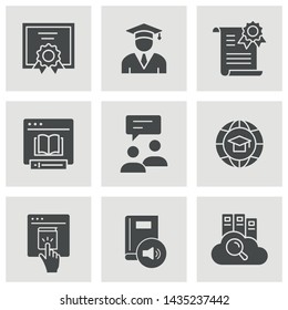 E-learning distance education icons. Set of graduation cap, training, laptop, learn online, webinar symbols.