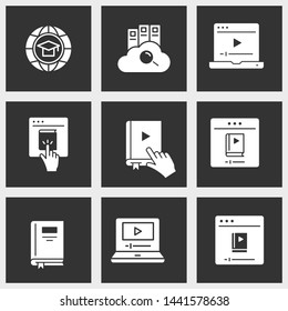 E-learning distance education icons. Set of graduation cap, training, laptop, learn online, webinar symbols.