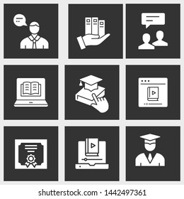 E-learning distance education icons. Set of graduation cap, training, laptop, learn online, webinar symbols.