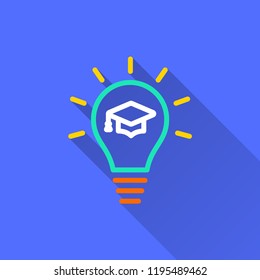 E-learning distance education vector icon with long shadow. Illustration isolated on blue background for graphic and web design.
