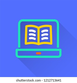E-learning distance education vector icon with long shadow. Illustration isolated on blue background for graphic and web design.