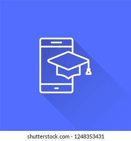 E-learning distance education vector icon with long shadow. Illustration isolated on blue background for graphic and web design.