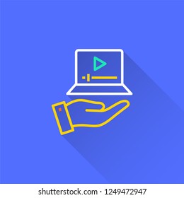 E-learning distance education vector icon with long shadow. Illustration isolated on blue background for graphic and web design.