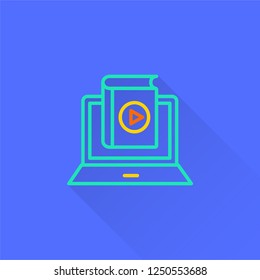 E-learning distance education vector icon with long shadow. Illustration isolated on blue background for graphic and web design.
