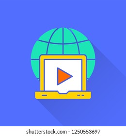 E-learning distance education vector icon with long shadow. Illustration isolated on blue background for graphic and web design.