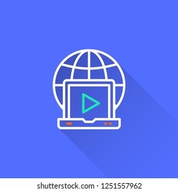 E-learning distance education vector icon with long shadow. Illustration isolated on blue background for graphic and web design.