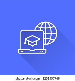 E-learning distance education vector icon with long shadow. Illustration isolated on blue background for graphic and web design.